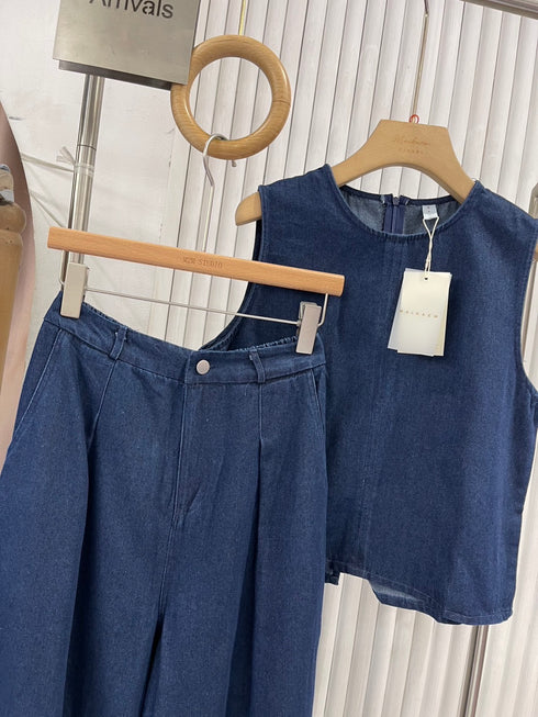 Sleeveless Denim Casual Top With Wide Leg Trousers Co-Ord Sets